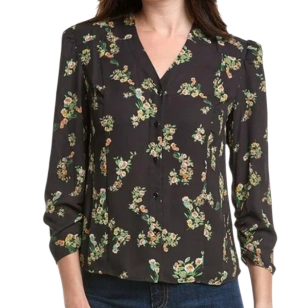 NWT CAbi Dark Floral Button-Up Blouse Sz M